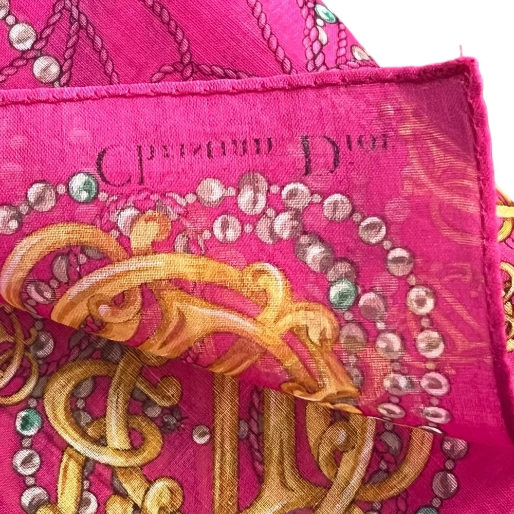 VTG Christian Dior Pink Gold Monogram Logo Pearl Pocket Square Twilly Bag Scarf